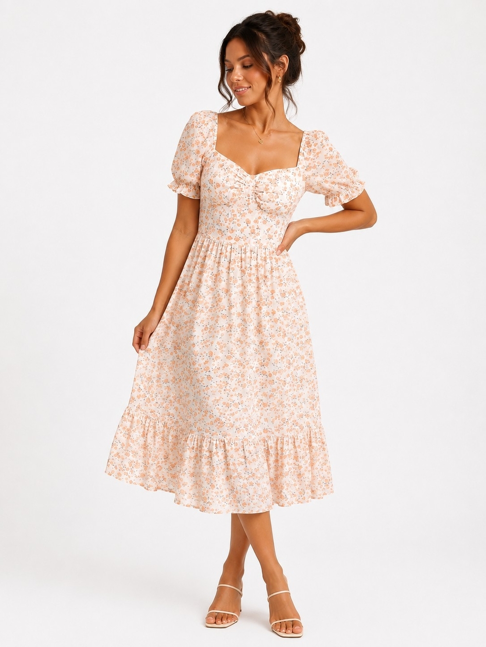 Sweetheart Neck Puff Sleeve Floral Midi Dress in Cream Peach